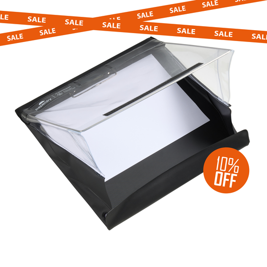 Black rectangular product with clear top cover on a white background, surrounded by orange 'SALE' banners and a '10% OFF' badge.